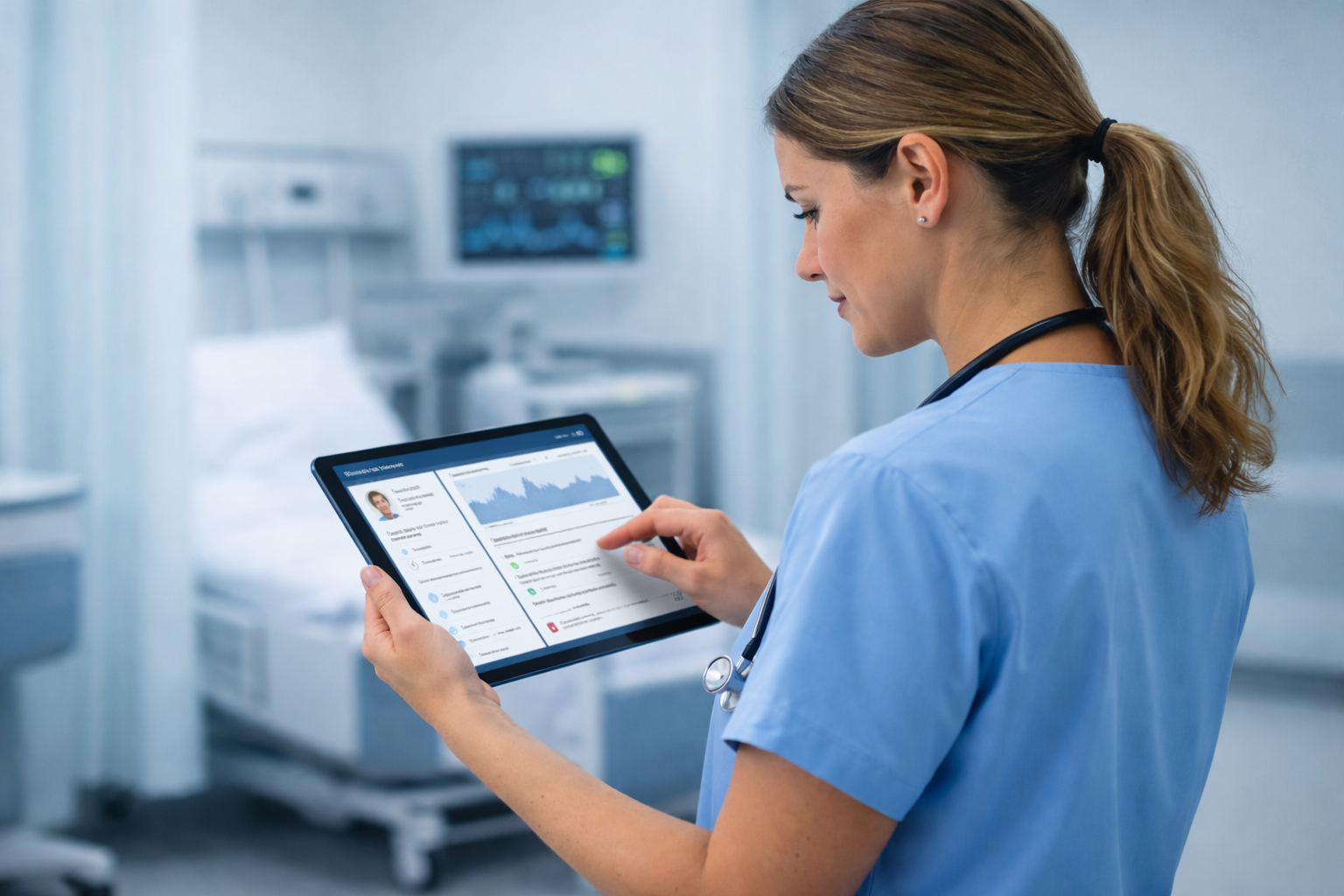 A nurse reviewing AI-assisted patient data on a tablet in a hospital ward